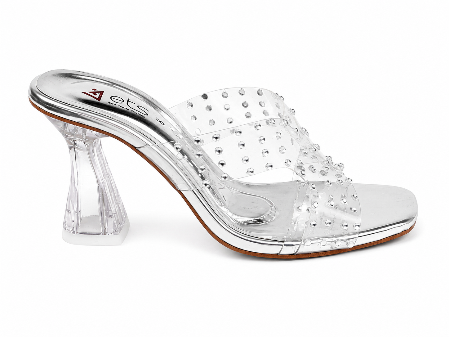 Silver Metallic Rhinestone Clear-Strap Mule