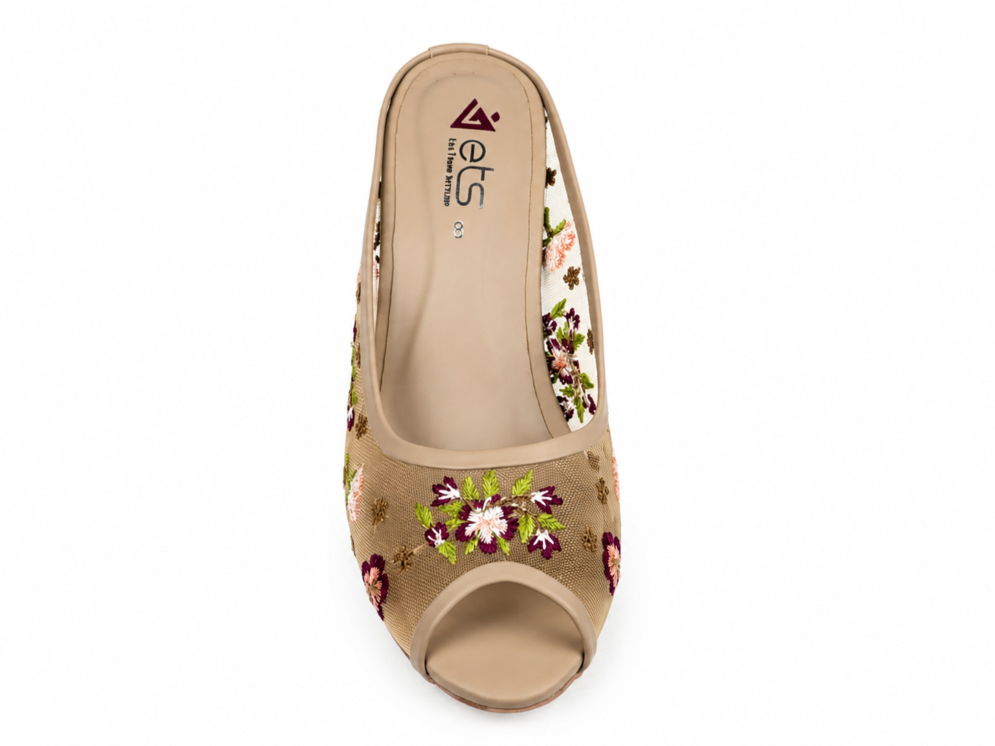 Floral Embroidered Peep-Toe Kitten Heel Mule - Tan/Purple
