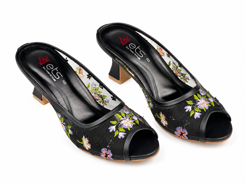 Black Floral Mesh Peep-Toe Mule - Purple Floral