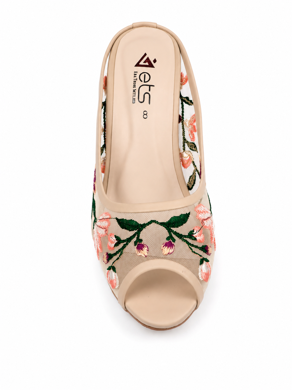 Floral Embroidered Peep-Toe Kitten Heel Mule - Cream