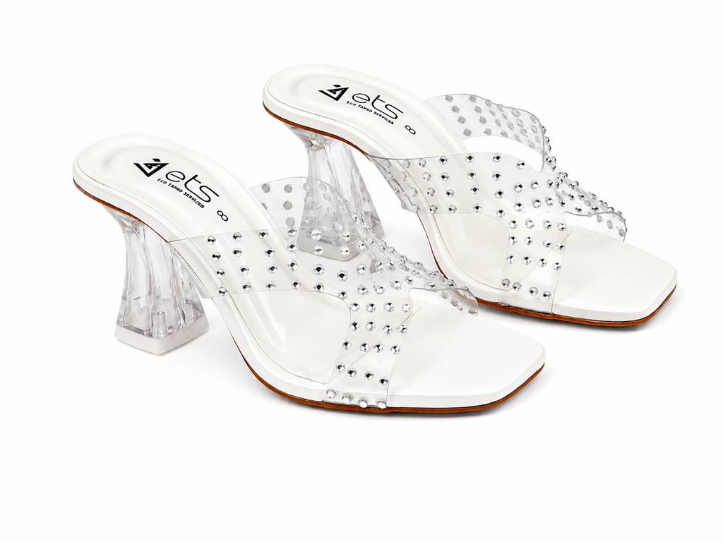 White Rhinestone Clear-Strap Sculpted Heel Sandal
