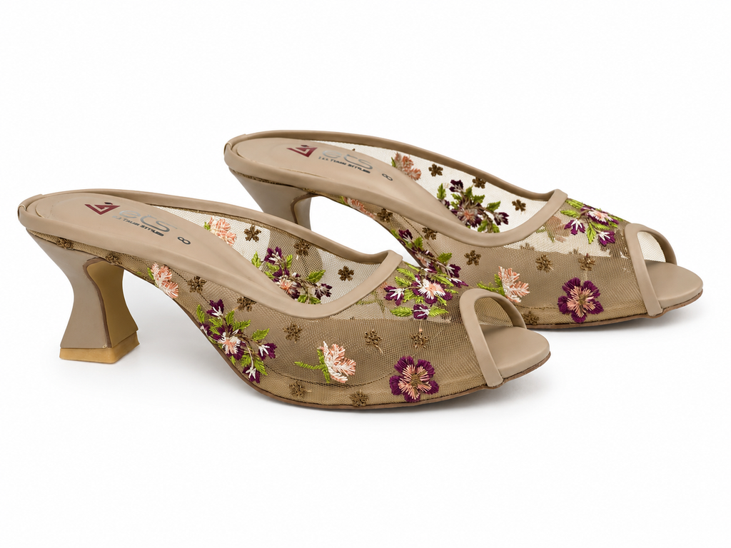 Floral Embroidered Peep-Toe Kitten Heel Mule - Tan/Purple