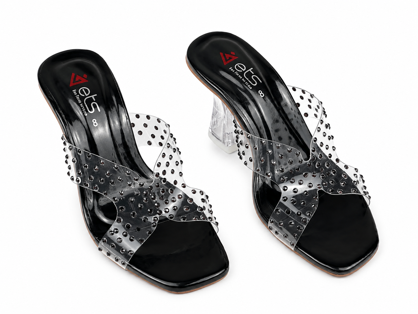 Black Patent Rhinestone Clear-Strap Sandal