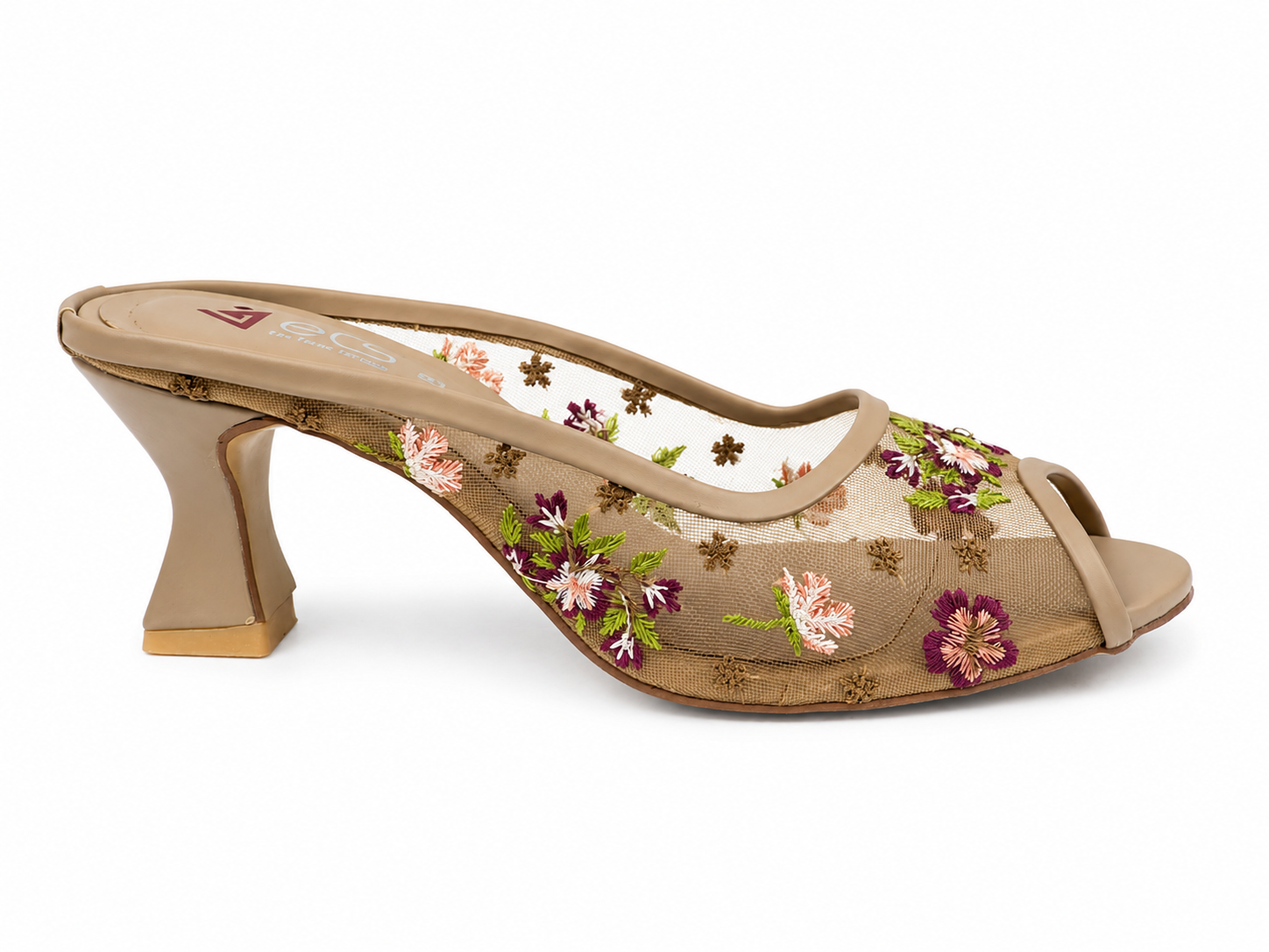 Floral Embroidered Peep-Toe Kitten Heel Mule - Tan/Purple