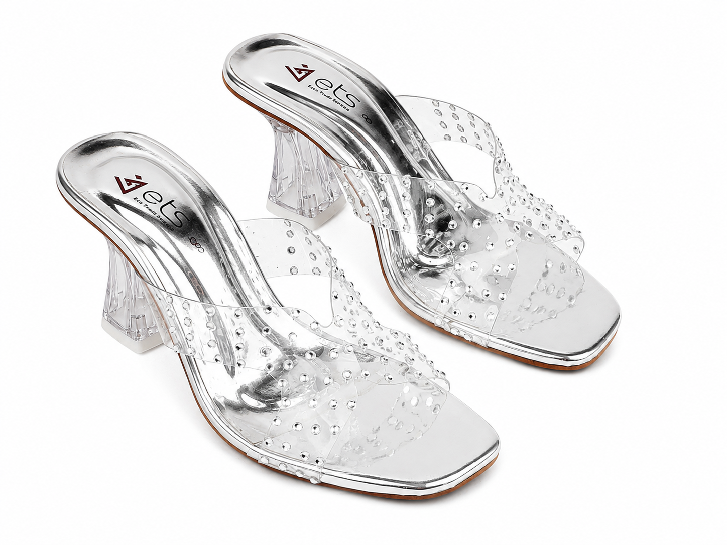Silver Metallic Rhinestone Clear-Strap Mule
