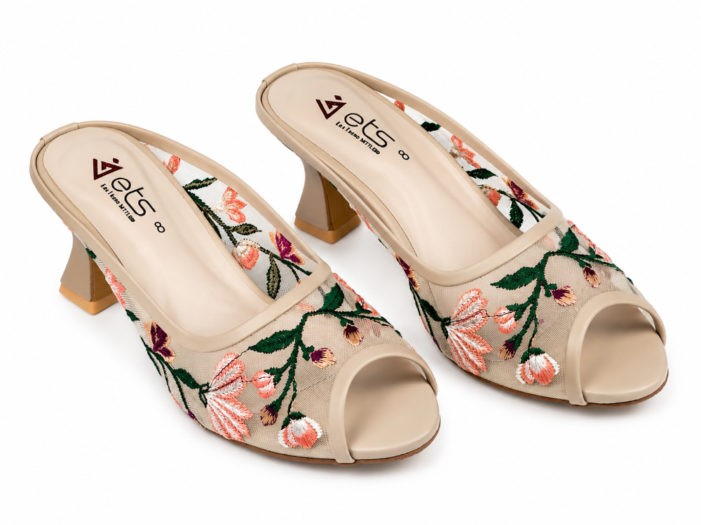 Floral Embroidered Peep-Toe Kitten Heel Mule - Cream