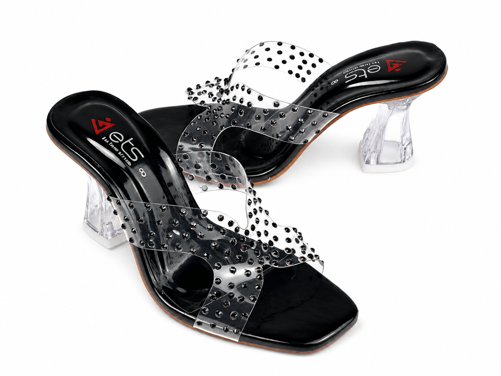 Black Patent Rhinestone Clear-Strap Sandal