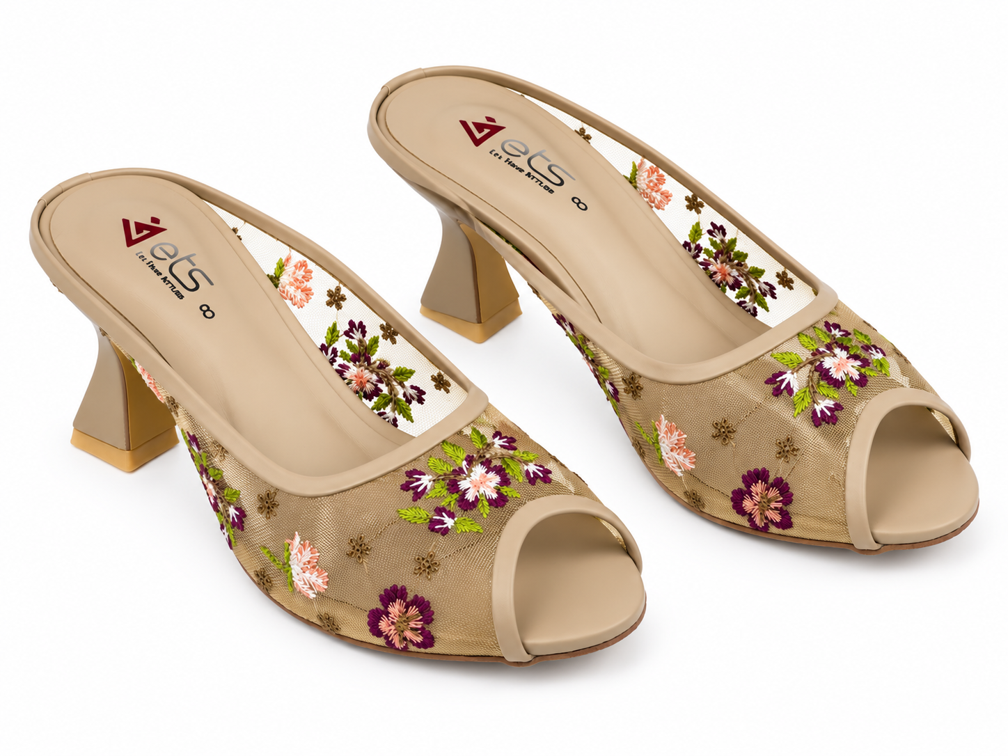 Floral Embroidered Peep-Toe Kitten Heel Mule - Tan/Purple