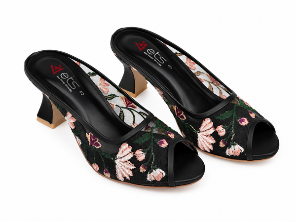 Black Floral Mesh Peep-Toe Mule Pink Floral — Ladies Heels Pakistan | shopets.pk