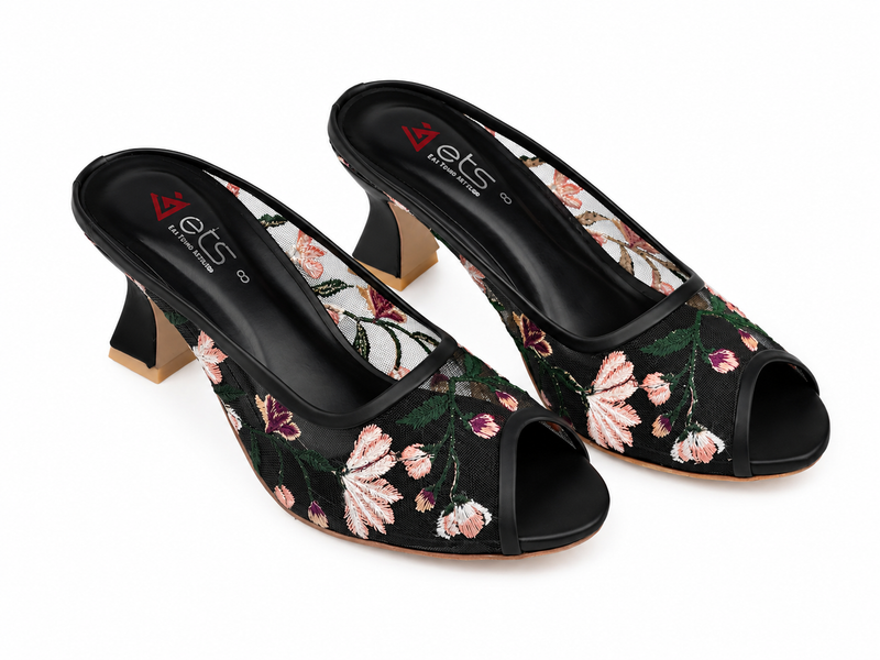 Black Floral Mesh Peep-Toe Mule - Pink Floral