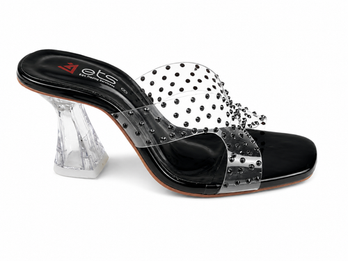 Black Patent Rhinestone Clear-Strap Sandal