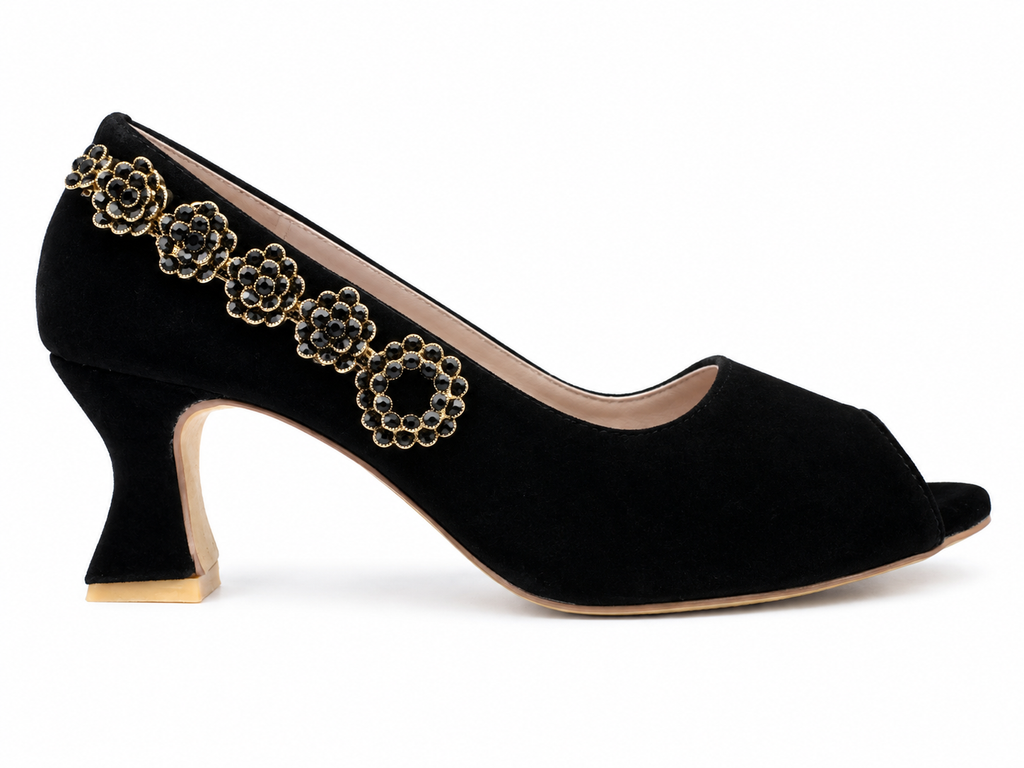Flower-Chain Peep-Toe Pump — Black