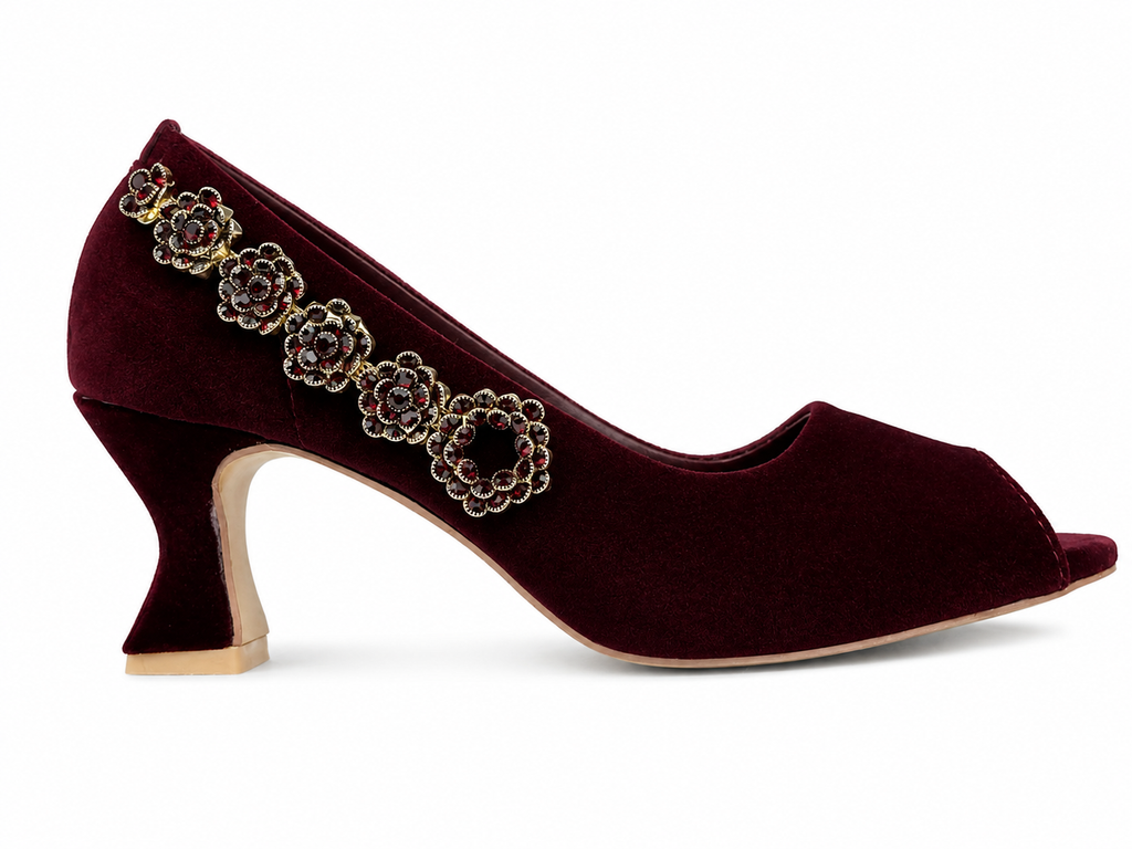 Flower-Chain Peep-Toe Pump — Burgundy