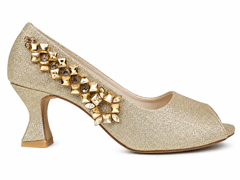 Checkerboard Gem Peep-Toe Pump — Gold