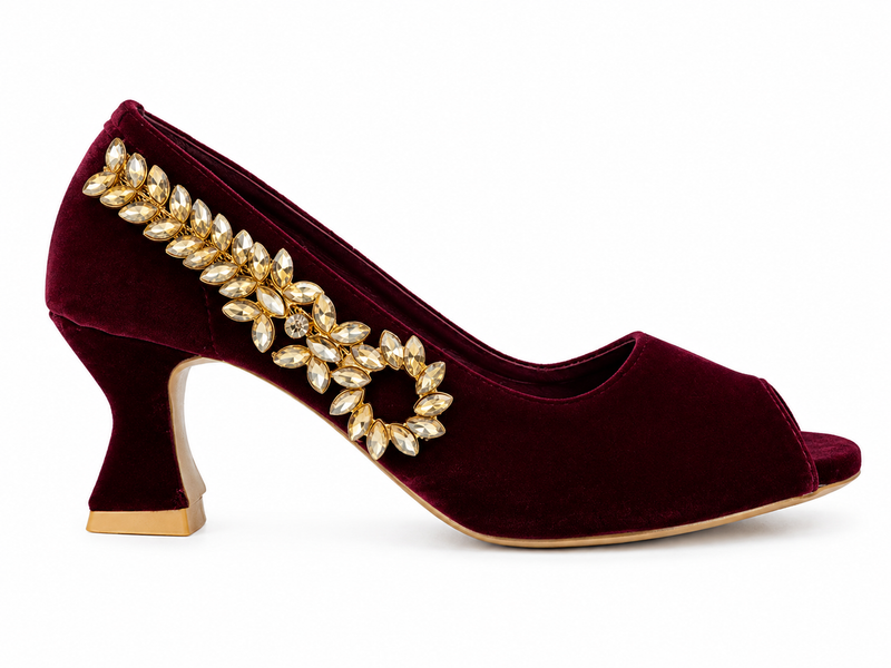 Leaf-Vine Peep-Toe Pump — Burgundy