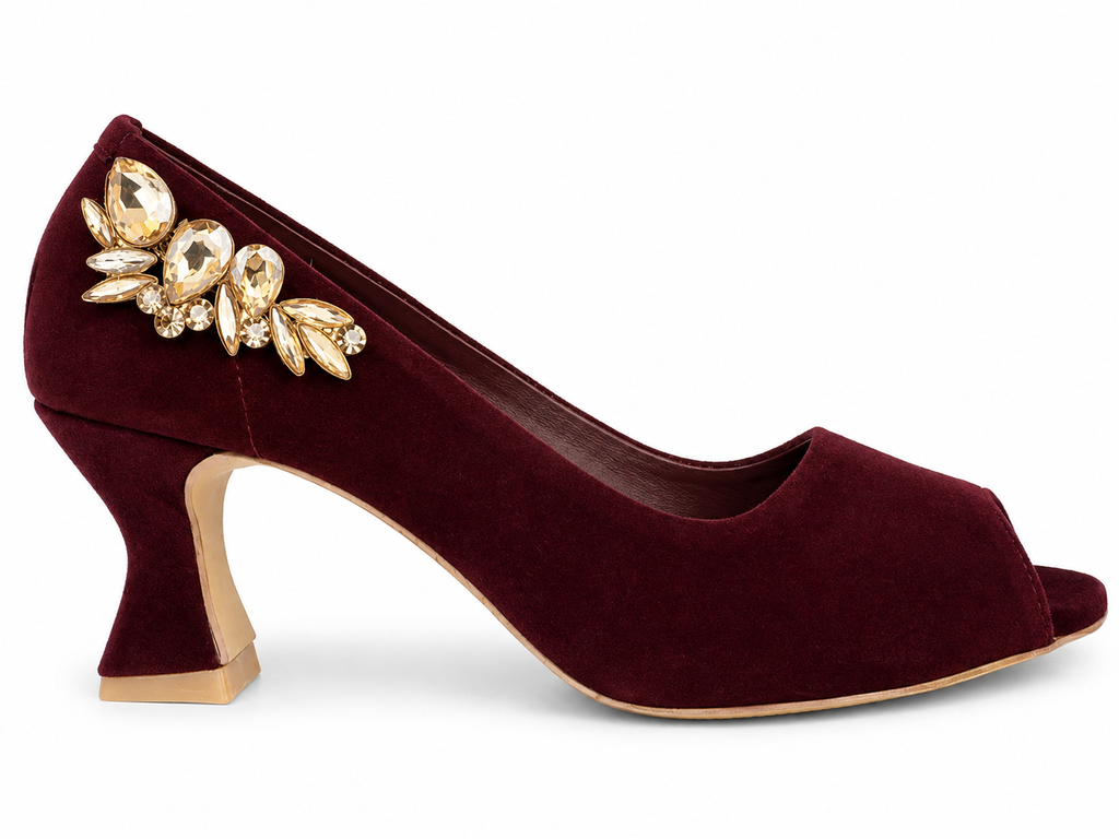 Crystal Cluster Peep-Toe Pump — Burgundy
