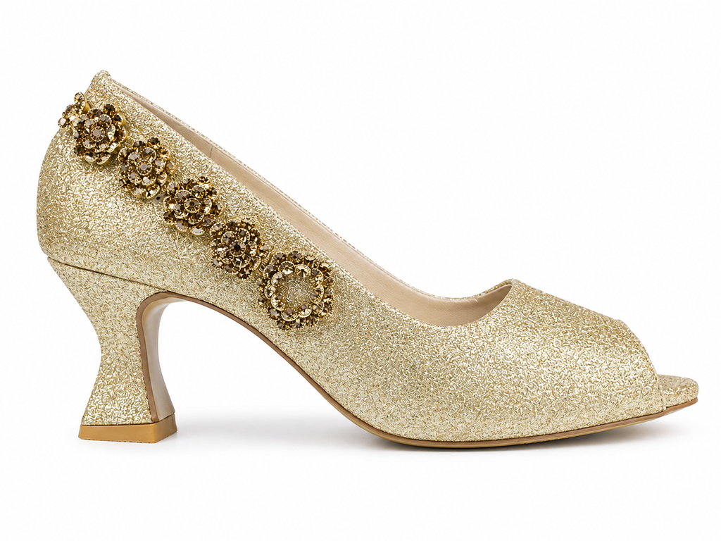 Flower-Chain Peep-Toe Pump — Gold