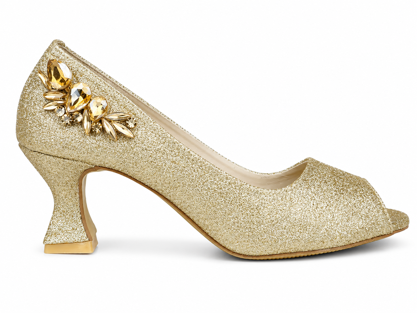Crystal Cluster Peep-Toe Pump — Gold