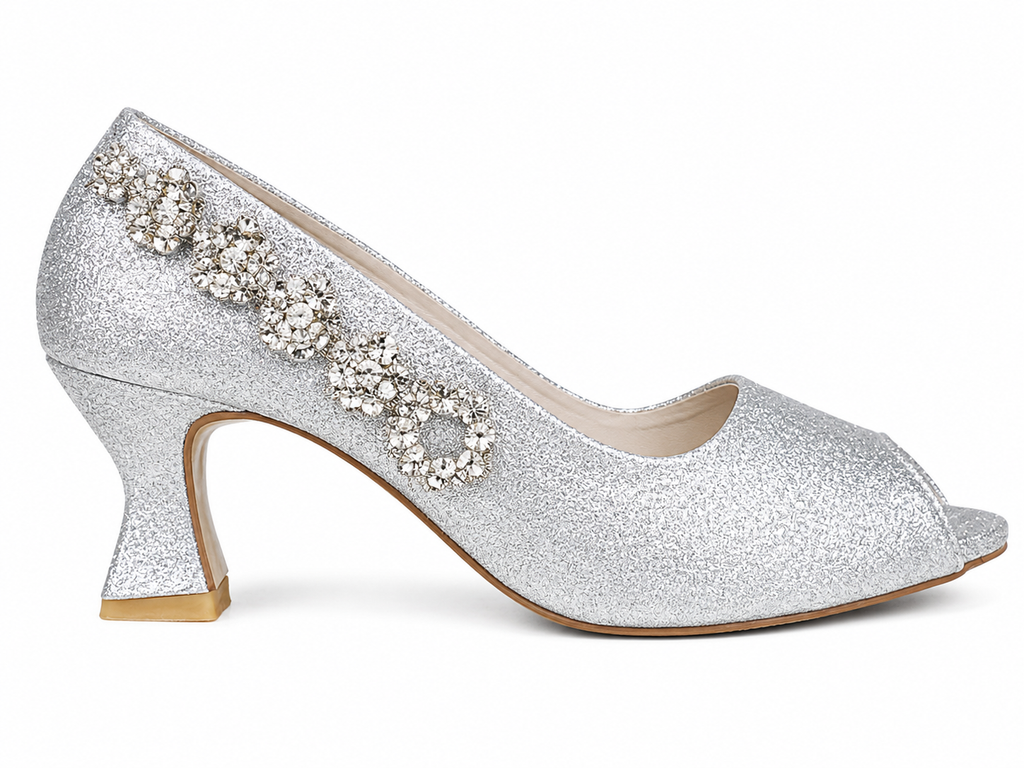 Flower-Chain Peep-Toe Pump — Silver