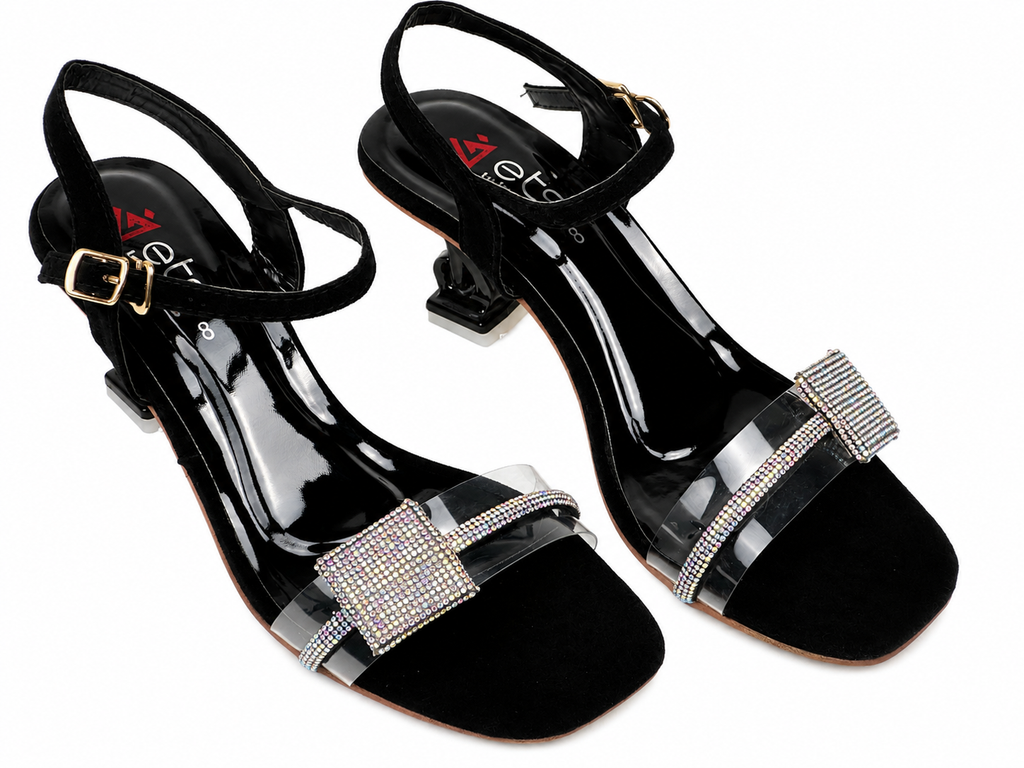 Rhinestone Patch Sculptural Heel Sandal — Black Suede