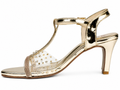 Rhinestone T-Strap Block Heel Sandal Gold — Ladies Heels Pakistan | shopets.pk
