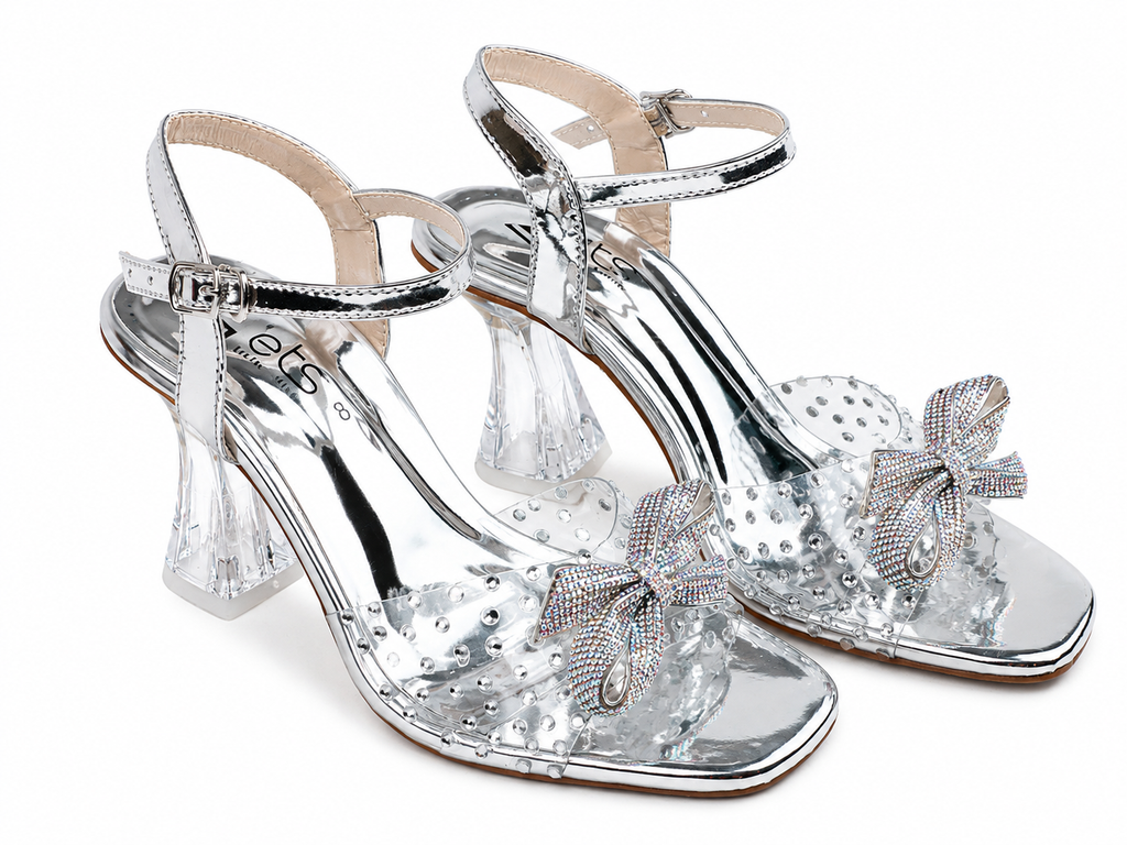 Rhinestone Bow Ankle-Strap Heel Sandal — Silver