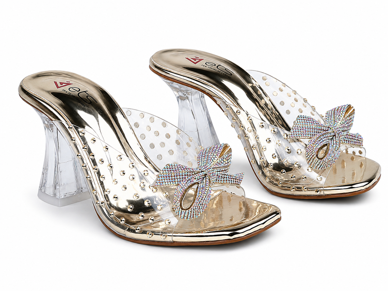 Rhinestone Bow Clear Mule — Gold