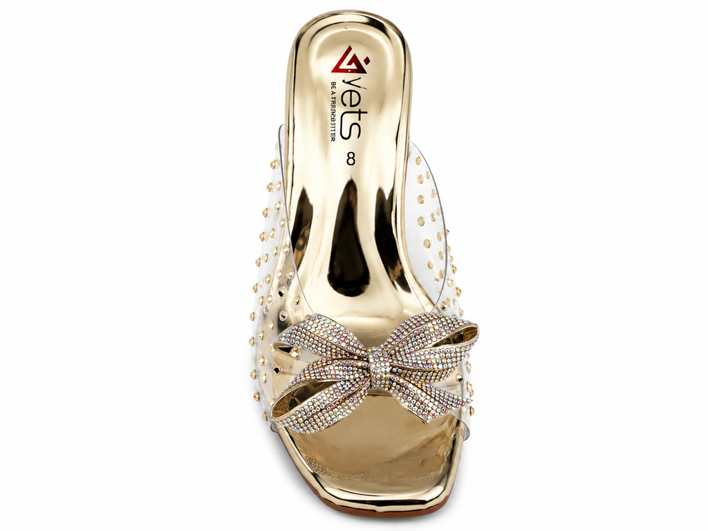 Rhinestone Bow Clear Mule — Gold