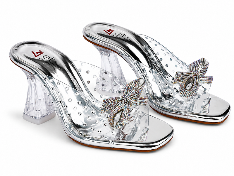 Rhinestone Bow Clear Mule — Silver