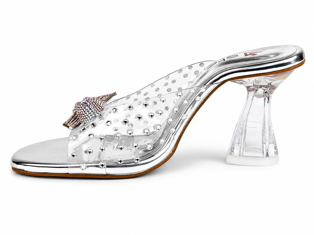 Rhinestone Bow Clear Mule — Silver