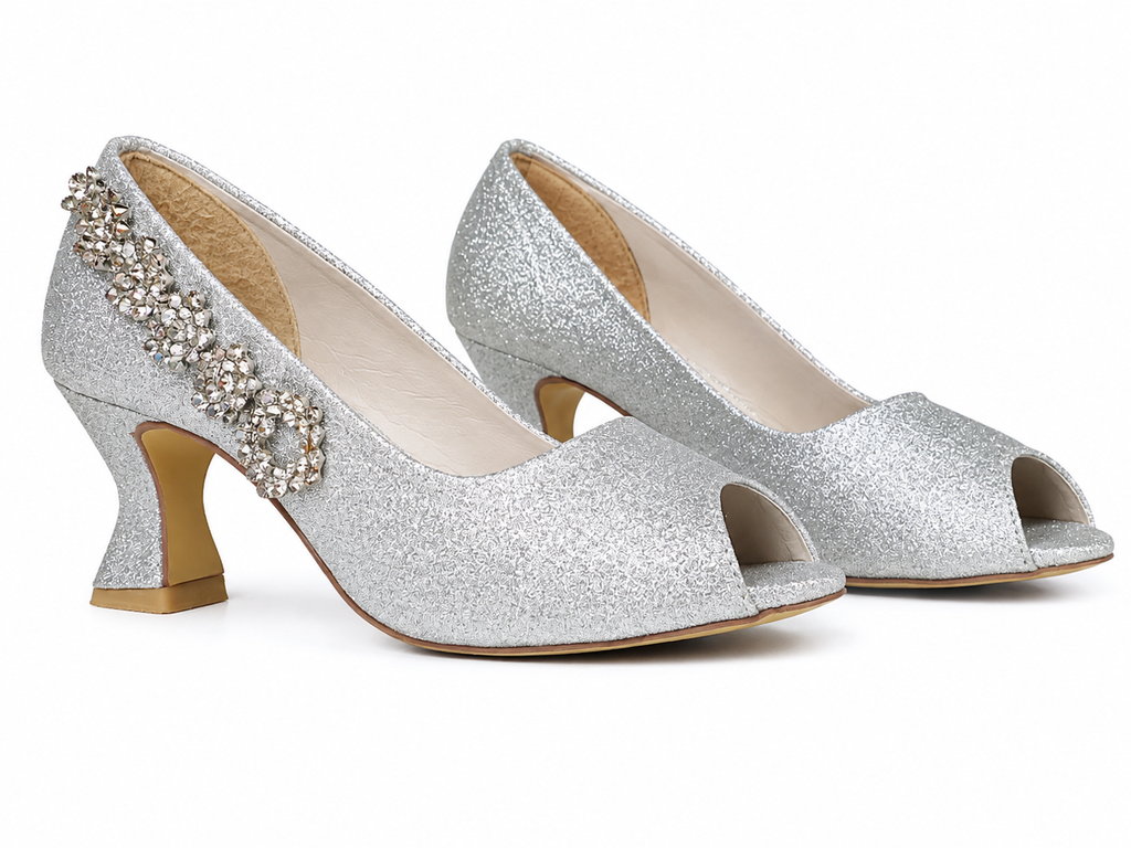 Flower-Chain Peep-Toe Pump — Silver