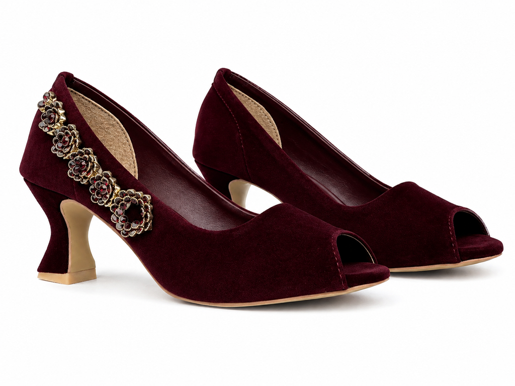 Flower-Chain Peep-Toe Pump — Burgundy