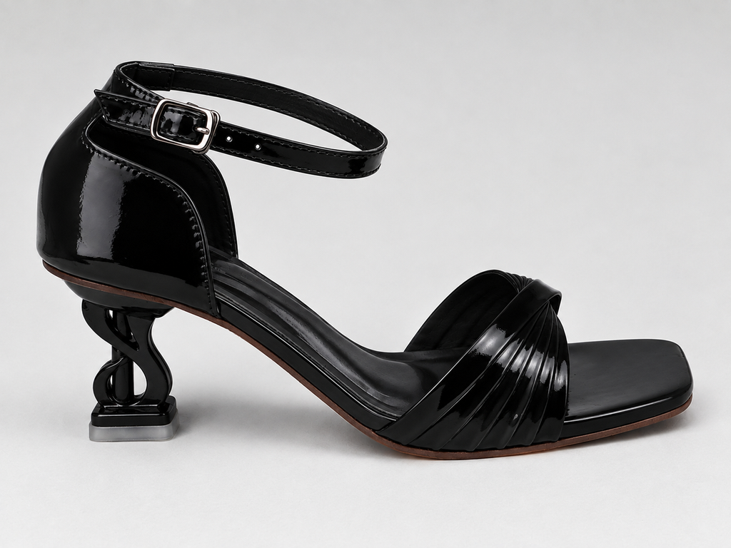 Pleated Crossover Chain-Heel Sandal — Black Patent
