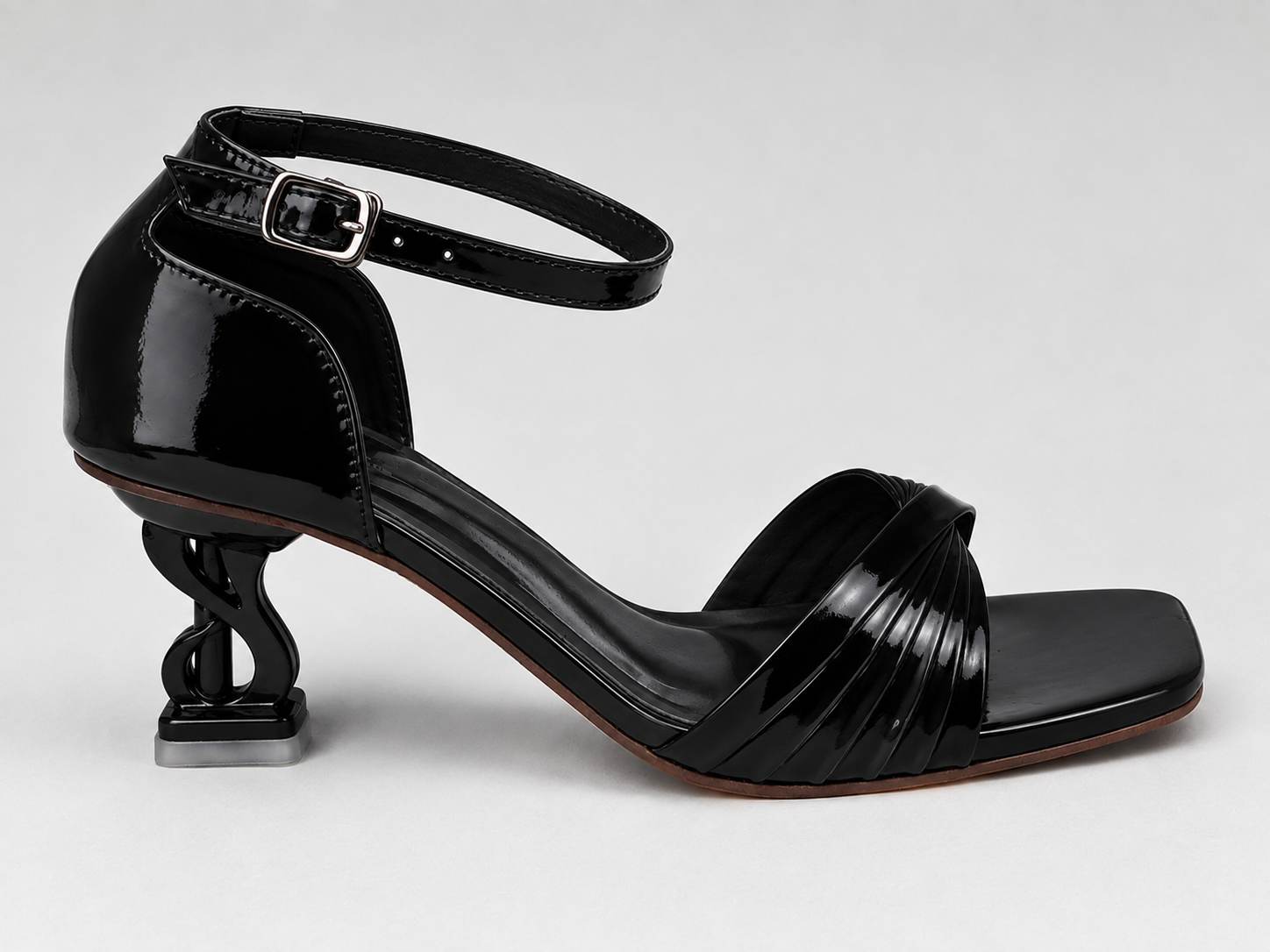 Pleated Crossover Chain-Heel Sandal — Black Patent