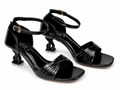 Pleated Crossover Chain-Heel Sandal — Black Patent