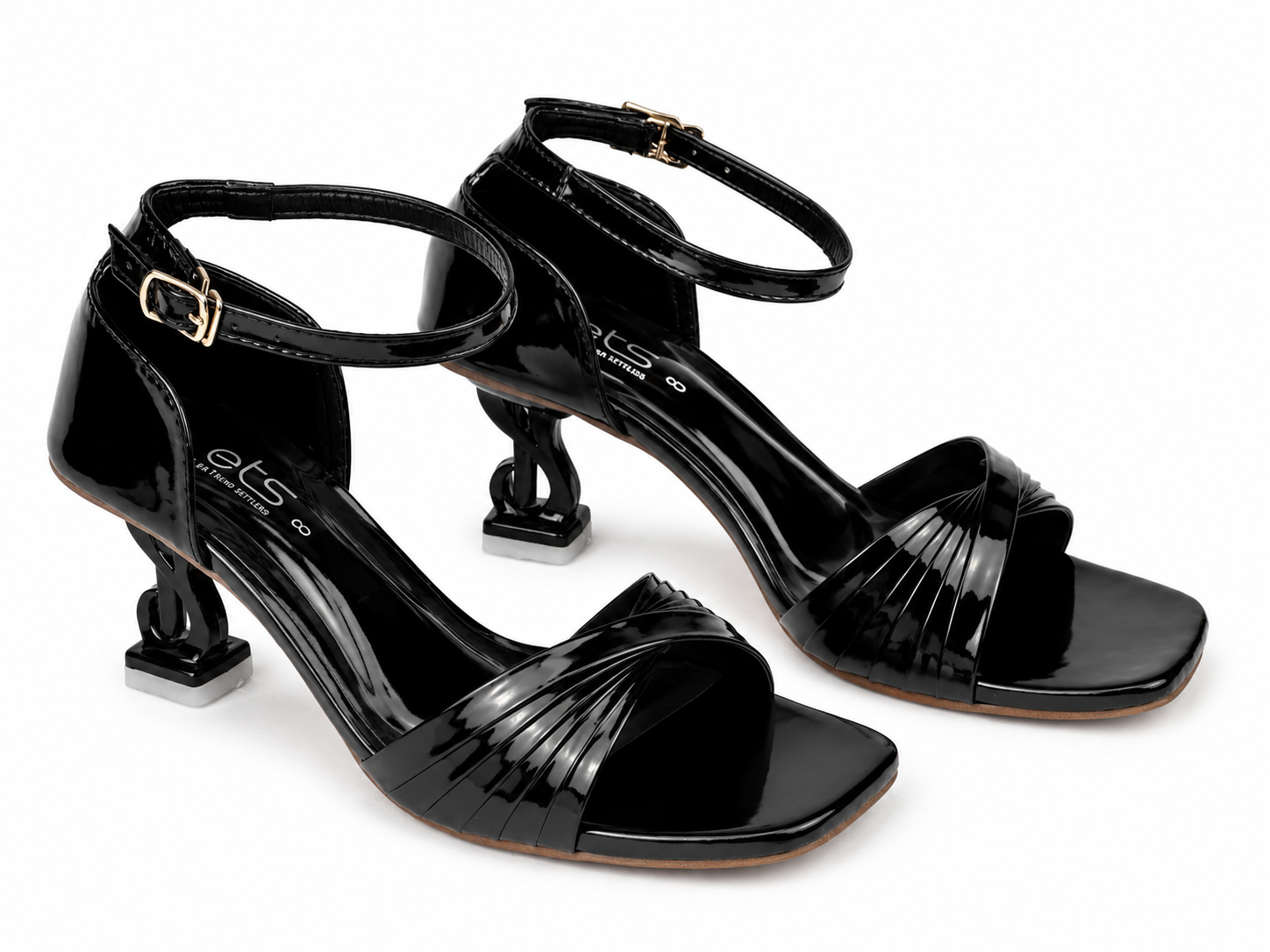 Pleated Crossover Chain-Heel Sandal — Black Patent
