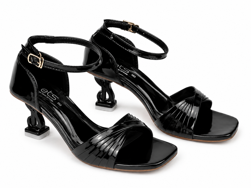 Pleated Crossover Chain-Heel Sandal — Black Patent