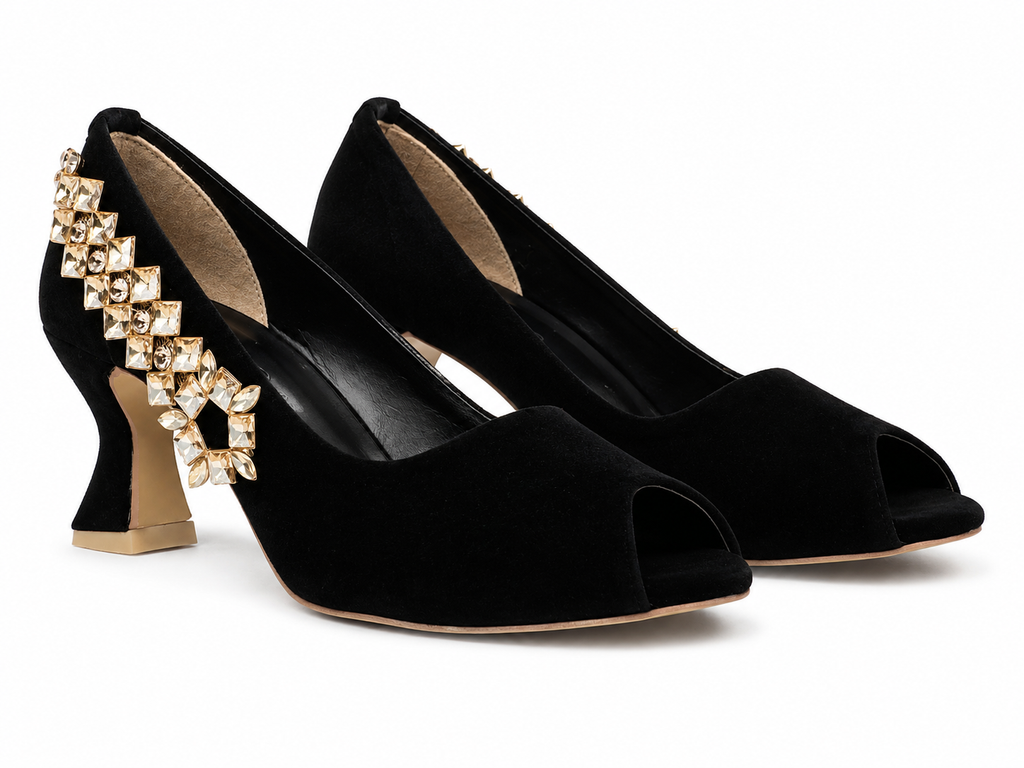 Checkerboard Gem Peep-Toe Pump — Black