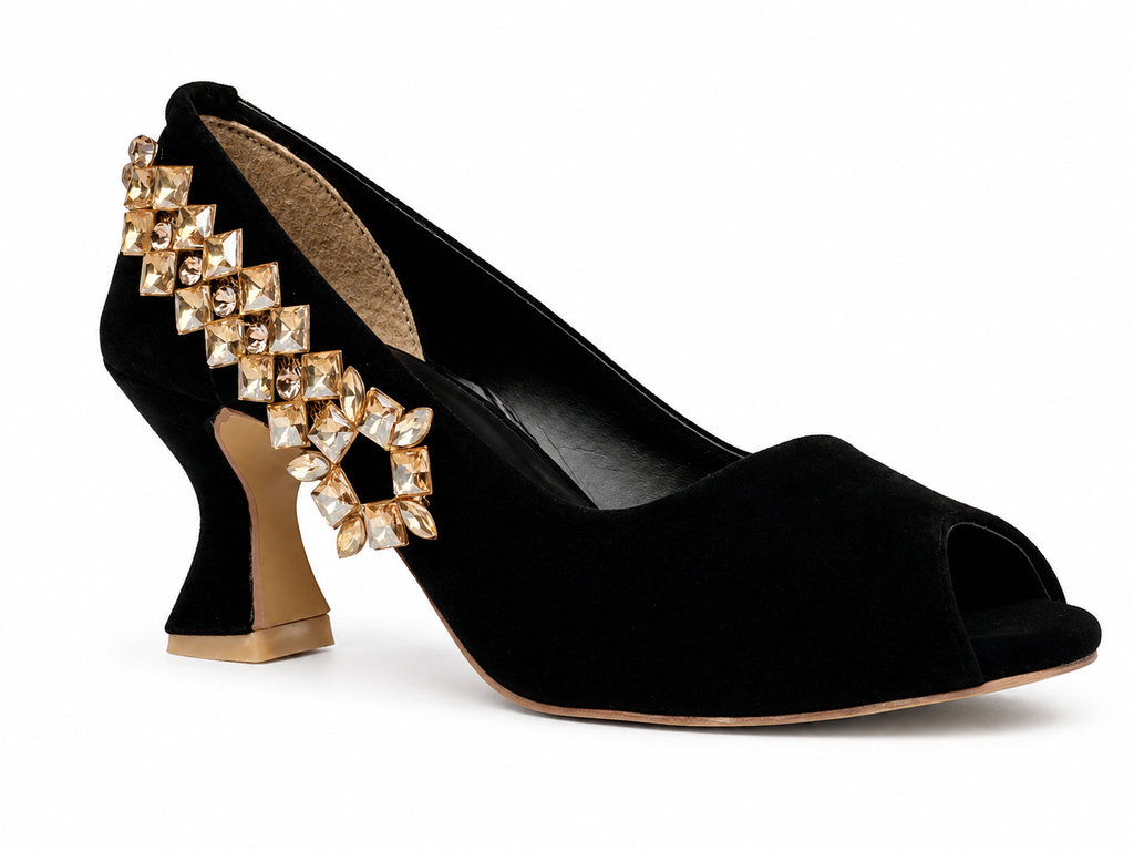 Checkerboard Gem Peep-Toe Pump — Black