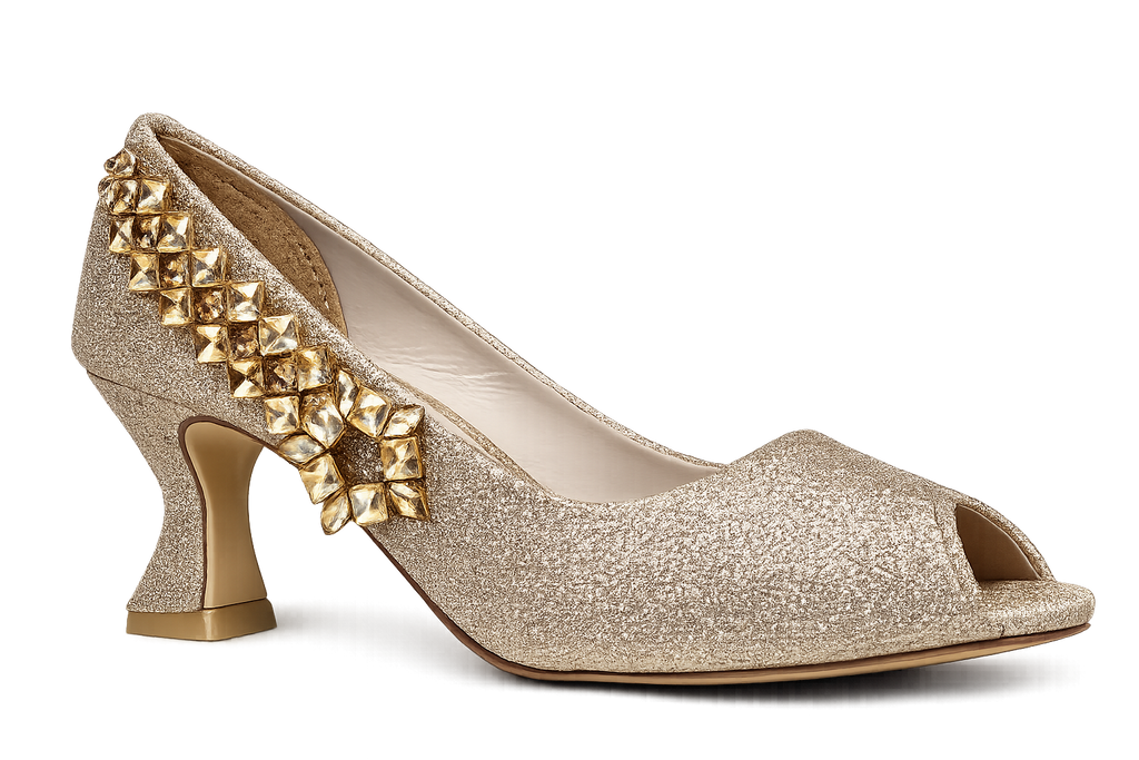 Checkerboard Gem Peep-Toe Pump — Gold