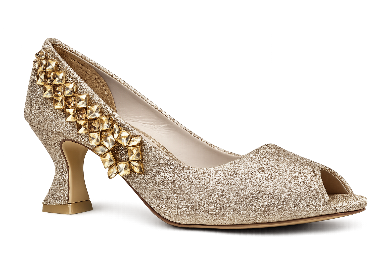 Checkerboard Gem Peep-Toe Pump — Gold