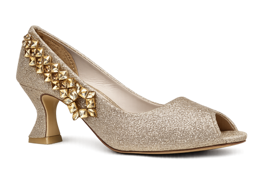 Checkerboard Gem Peep-Toe Pump — Gold
