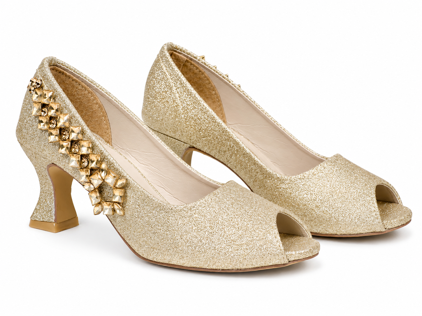 Checkerboard Gem Peep-Toe Pump — Gold