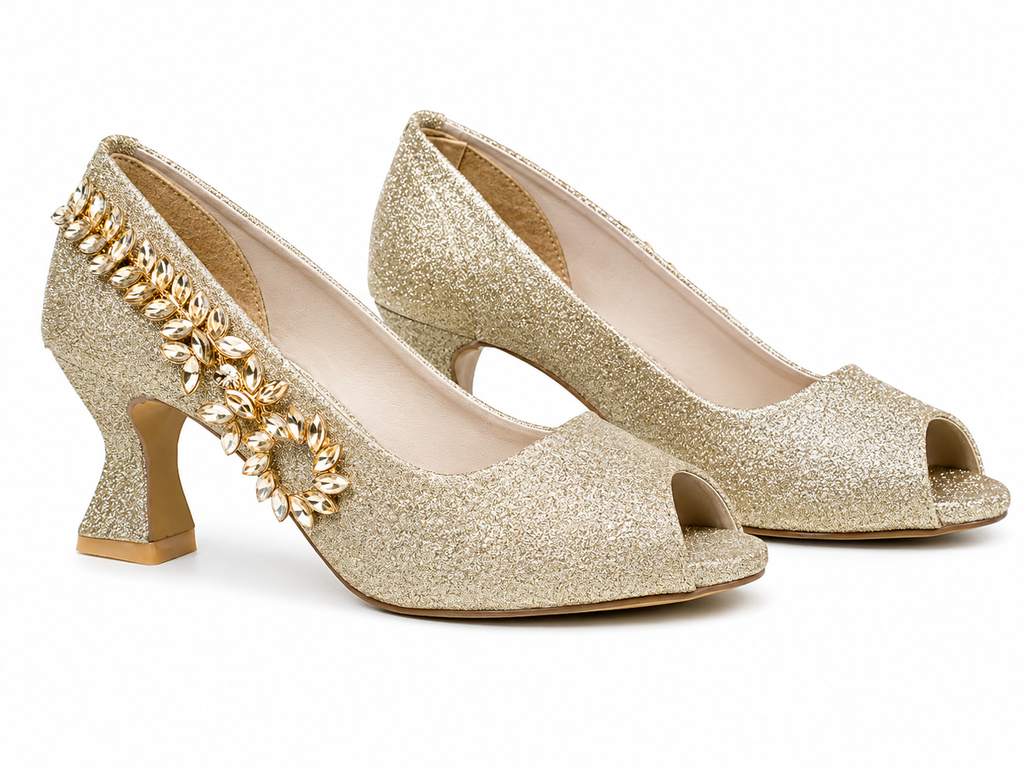 Leaf-Vine Peep-Toe Pump — Gold