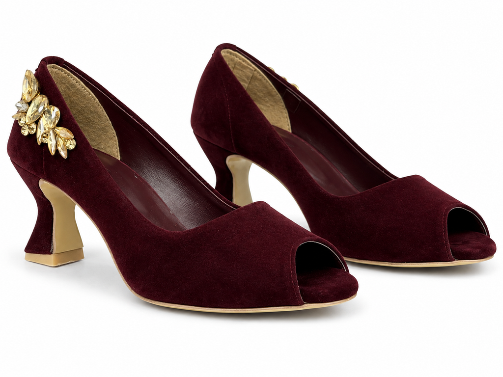 Crystal Cluster Peep-Toe Pump — Burgundy