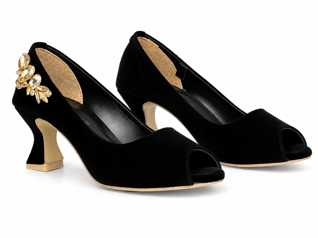 Crystal Cluster Peep-Toe Pump — Black