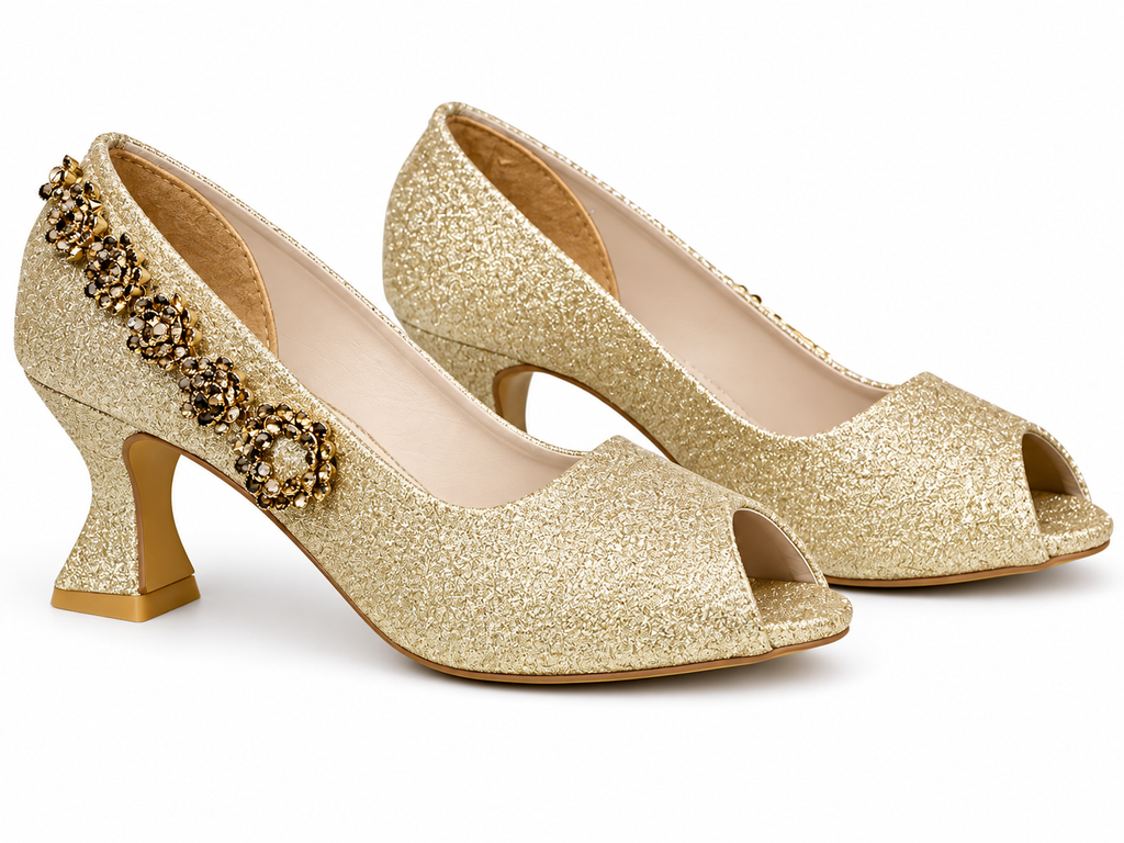 Flower-Chain Peep-Toe Pump — Gold