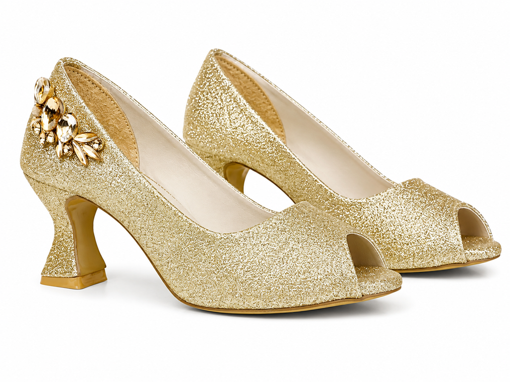 Crystal Cluster Peep-Toe Pump — Gold