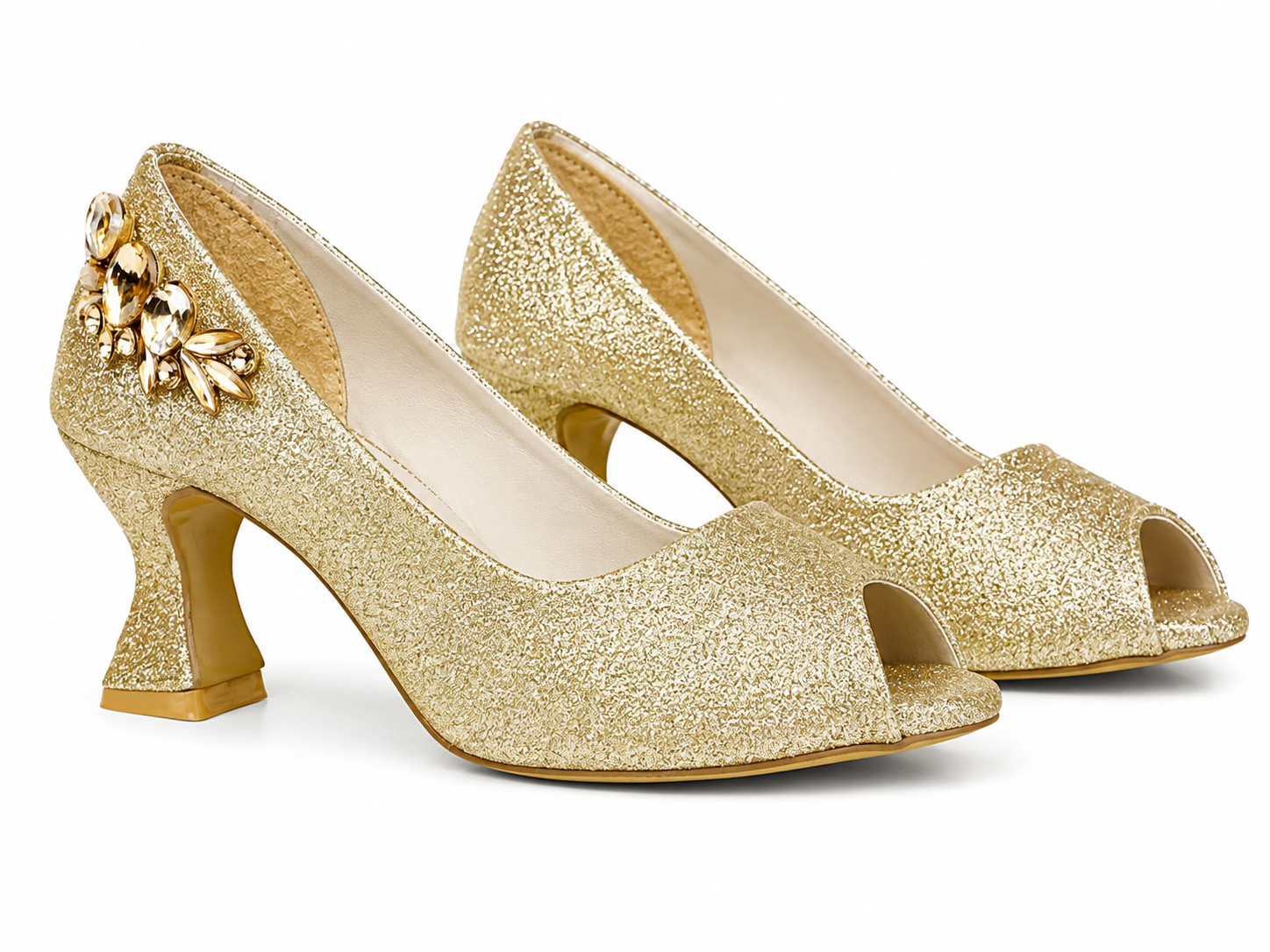 Crystal Cluster Peep-Toe Pump — Gold