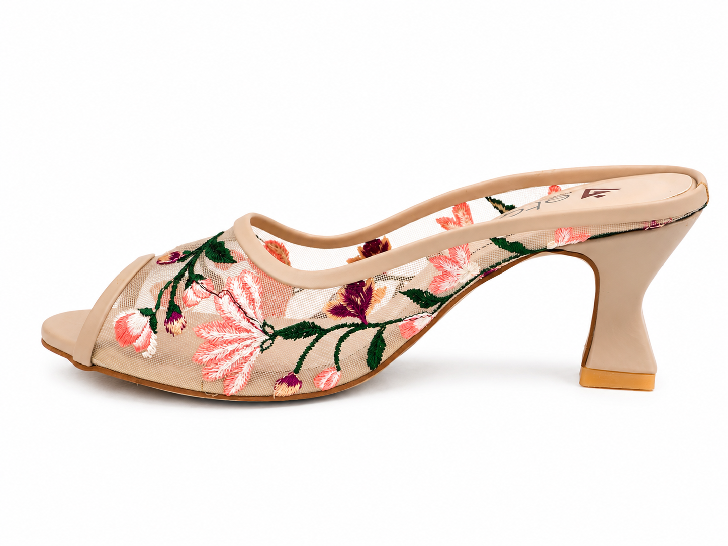 Floral Embroidered Peep-Toe Kitten Heel Mule - Cream